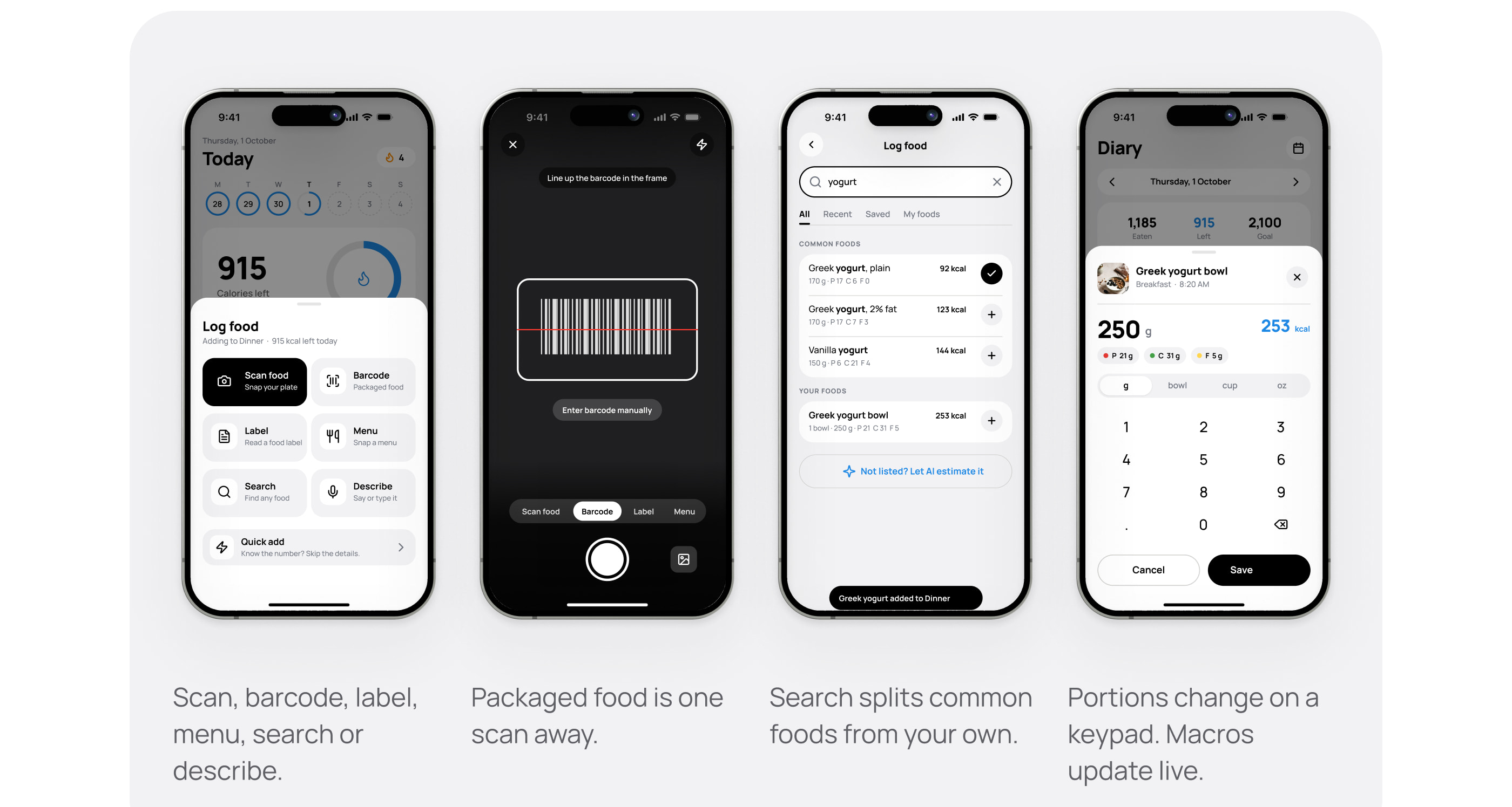 Log food sheet: scan, barcode, search, portions