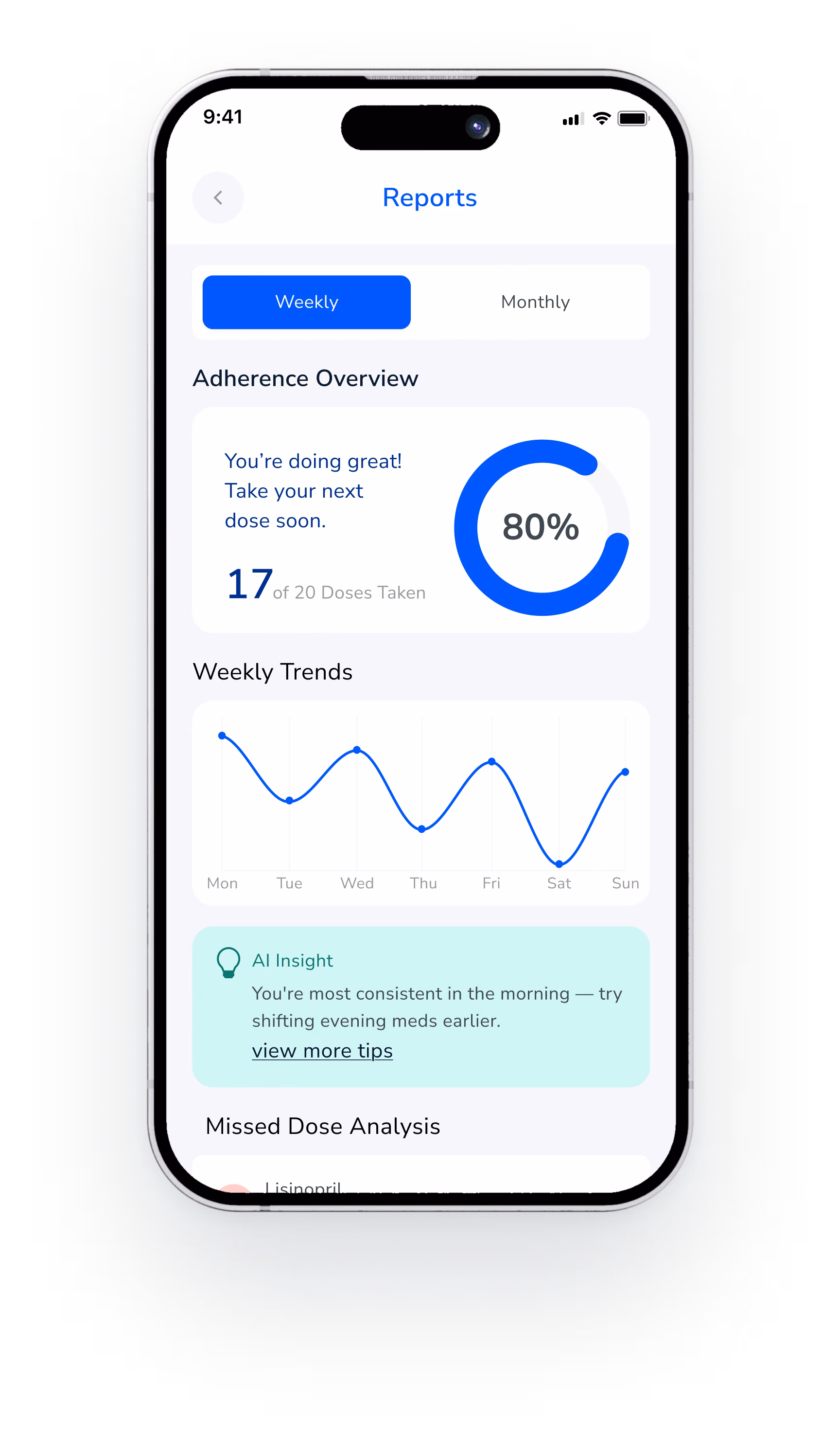 Reports screen with adherence overview, weekly trends and missed dose analysis