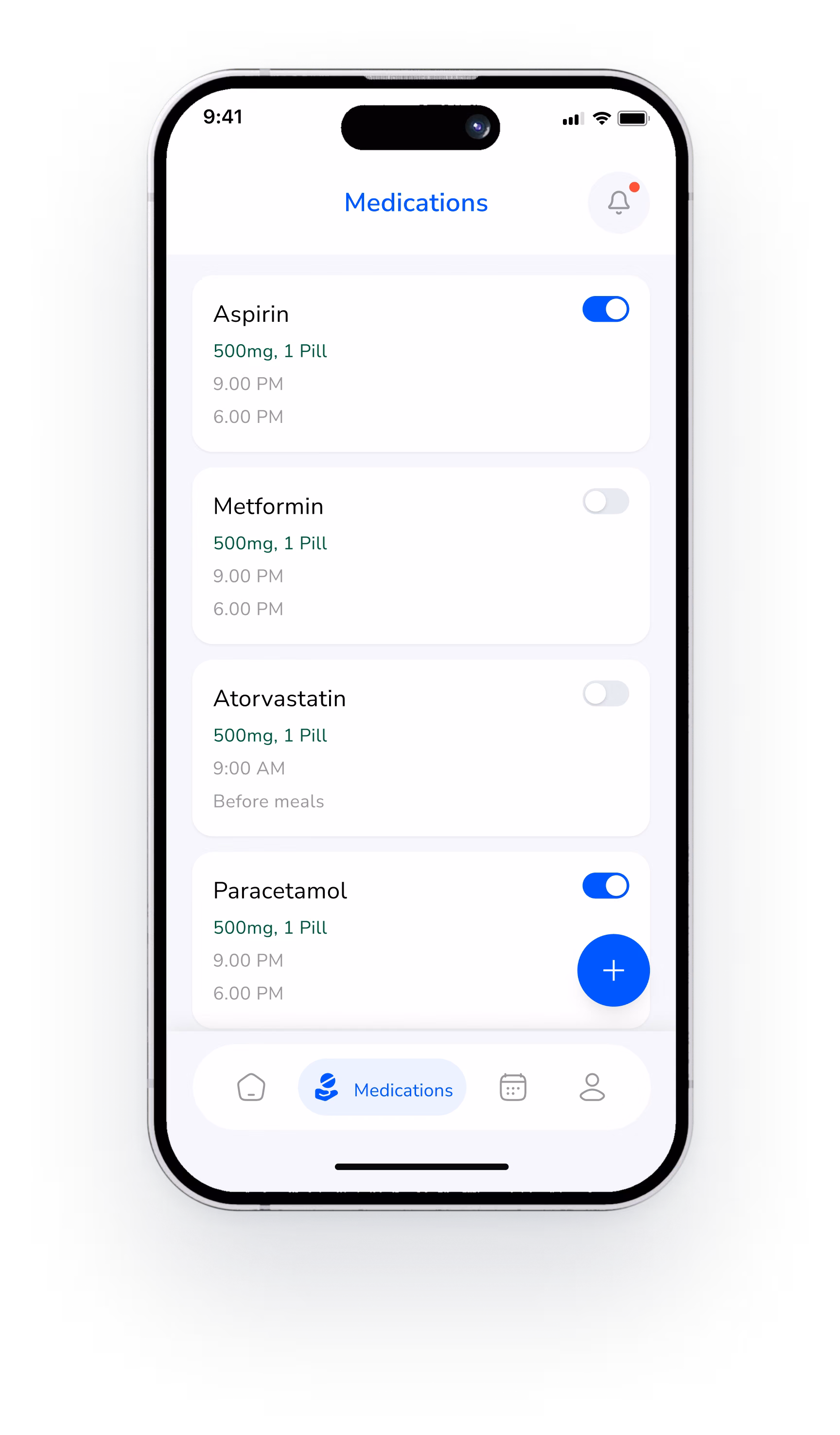 Medications list with on and off toggles for each medicine