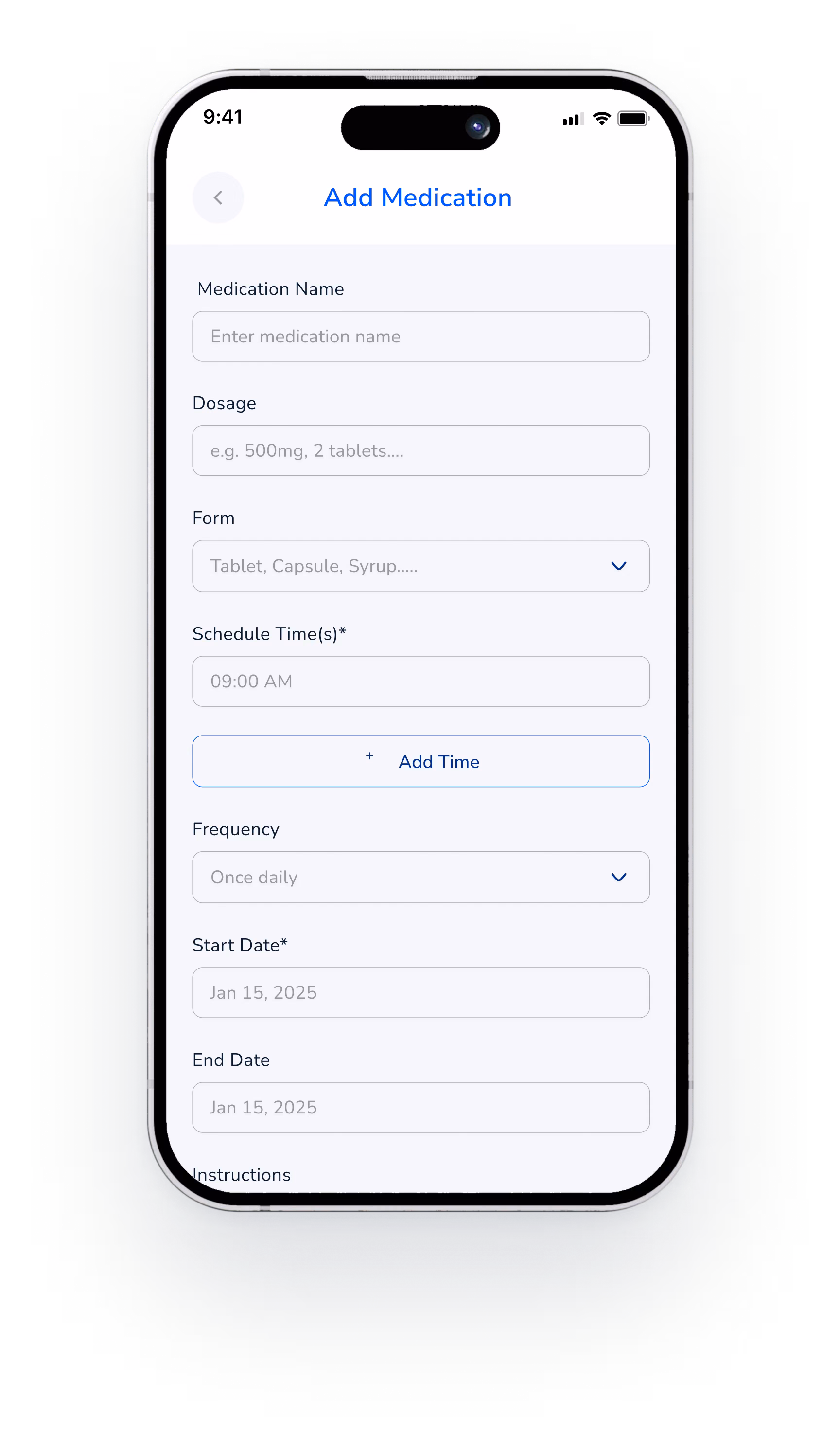 Add Medication form with dose, time and frequency fields