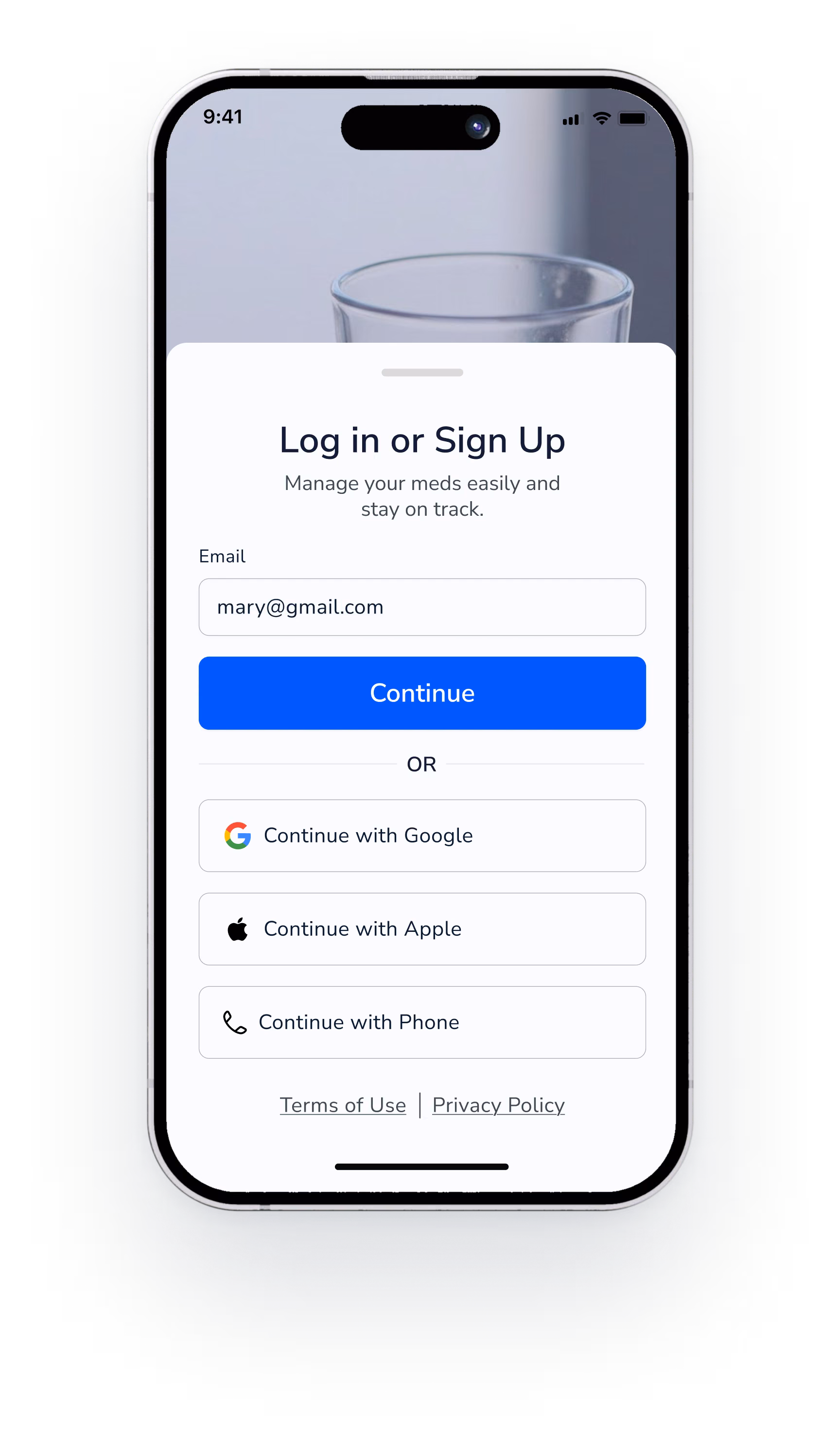 Log in or Sign Up sheet with email, Google, Apple and phone options