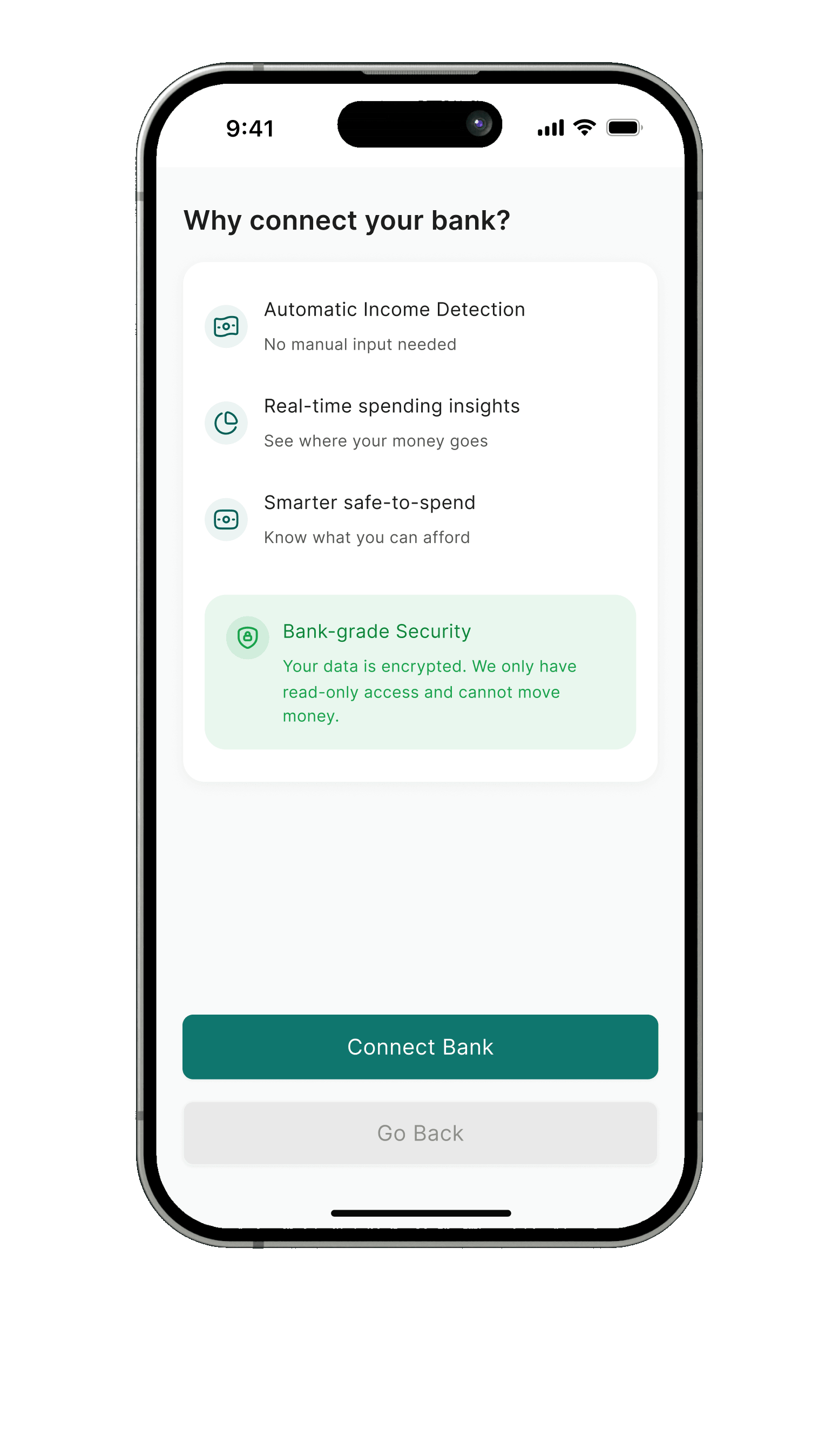 Why connect your bank? screen listing automatic income detection, real-time insights and safe-to-spend