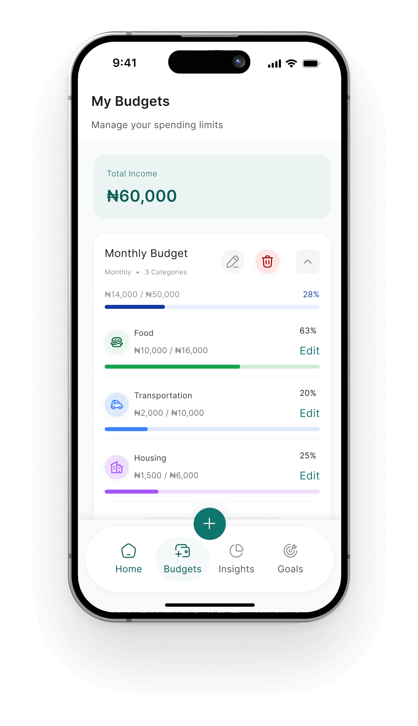 My Budgets screen with category limits and progress bars