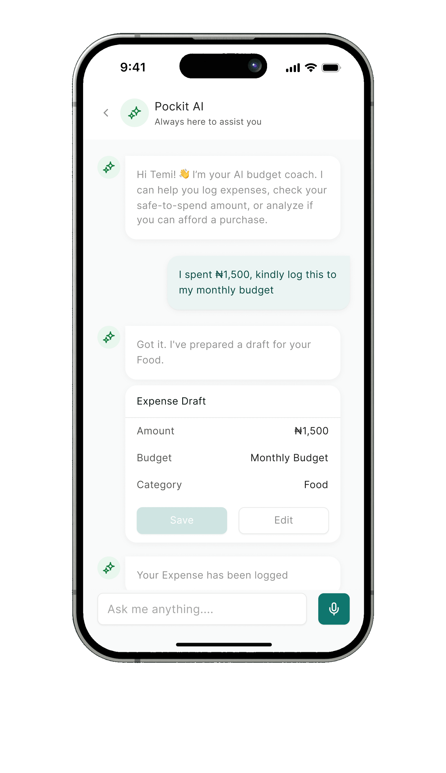 Pockit AI chat after the expense draft is saved: Your expense has been logged