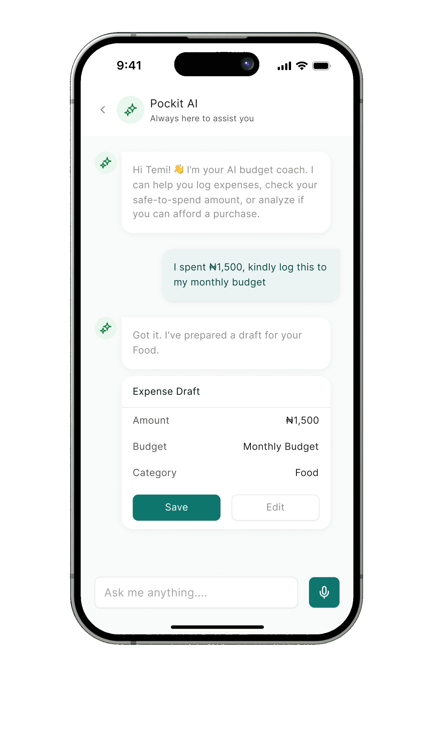 Pockit AI chat: the user says they spent ₦1,500 on food and the coach drafts an expense