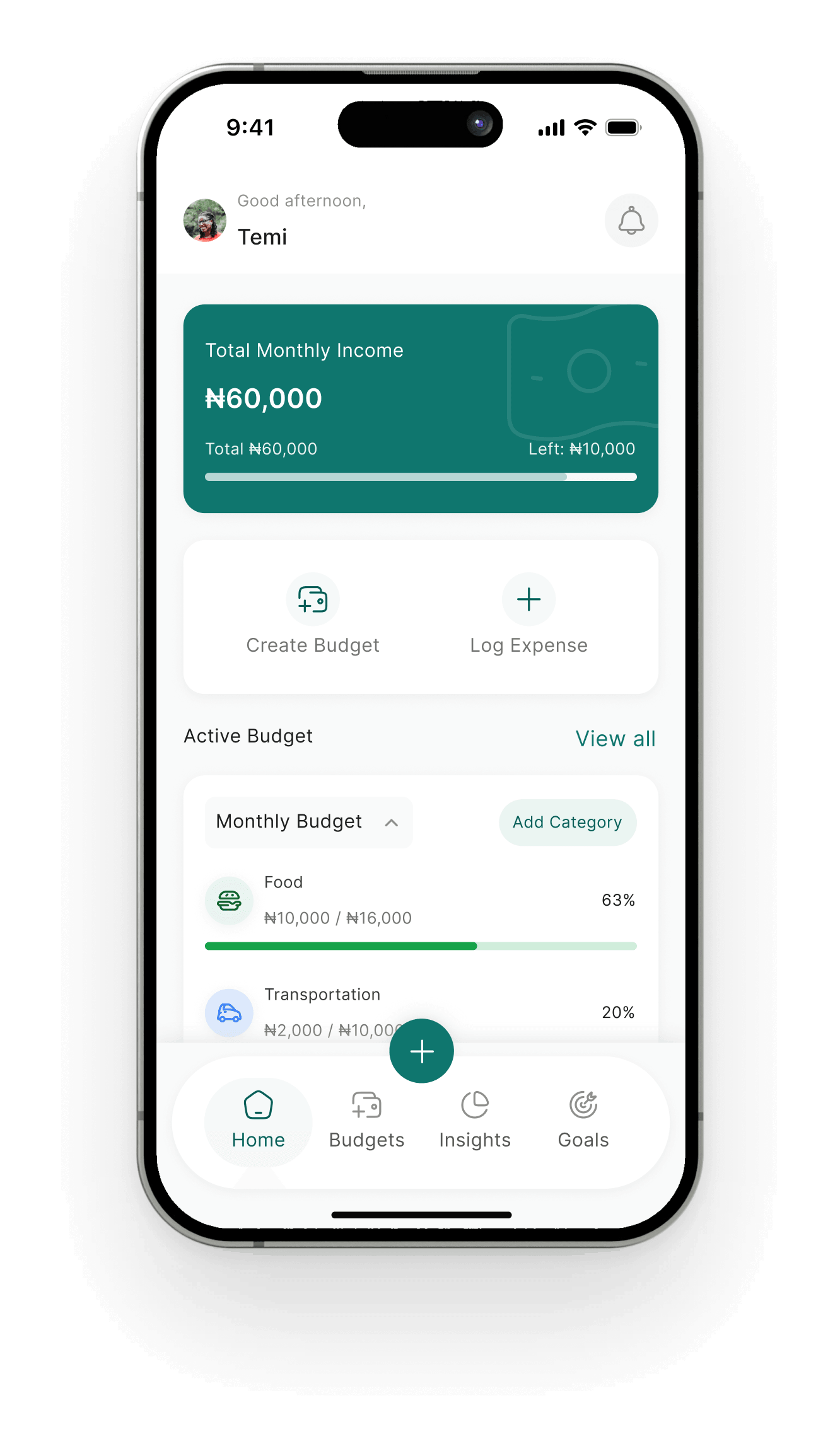 Pockit home screen with total monthly income, create budget and log expense actions
