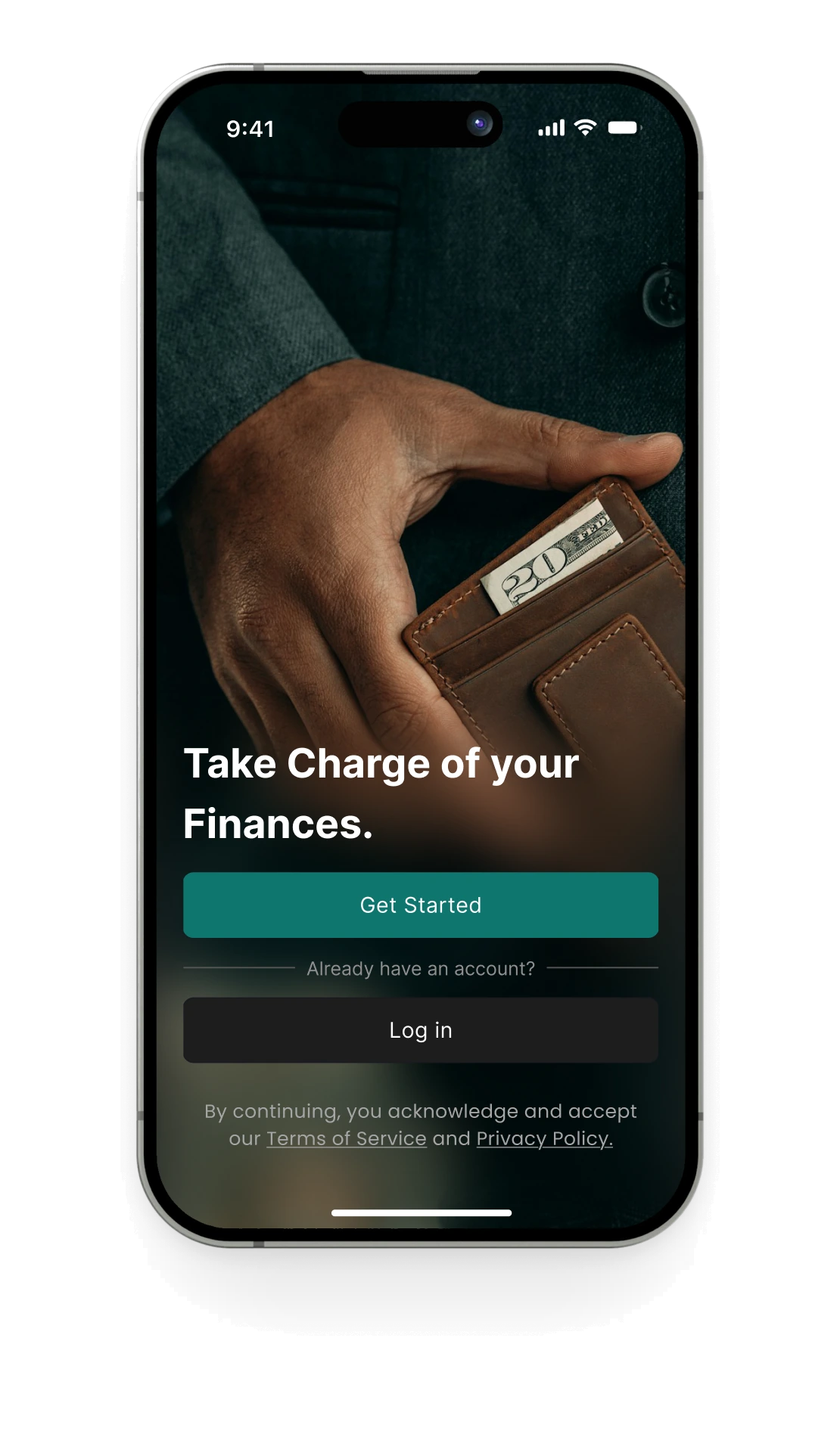 Welcome screen: Take Charge of your Finances, with Get Started and Log in buttons
