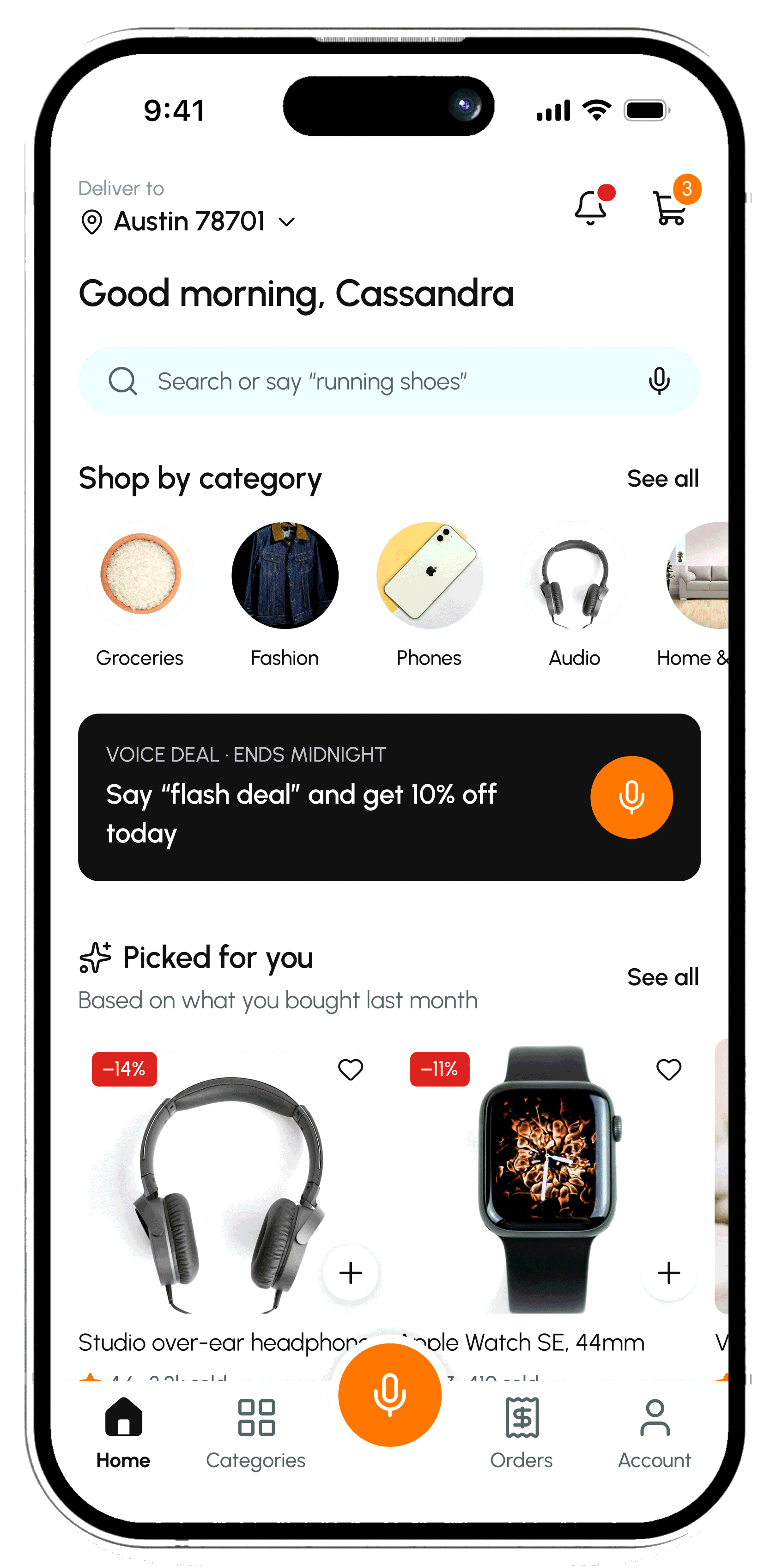 SwiftCart Home screen with a search bar that accepts voice, a voice deal banner and picked-for-you products