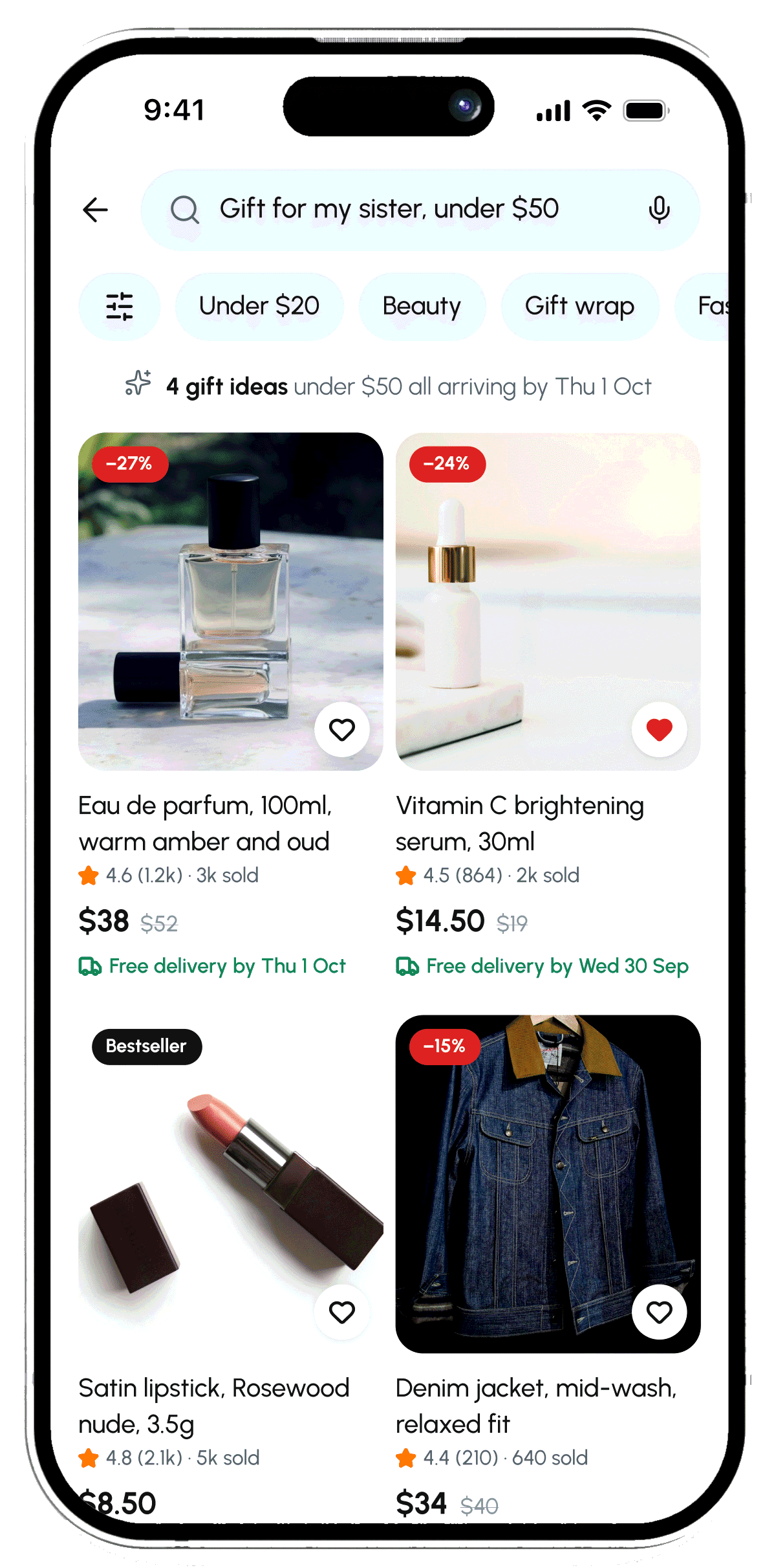 Voice search results for a gift request under 50 dollars, with an AI summary line