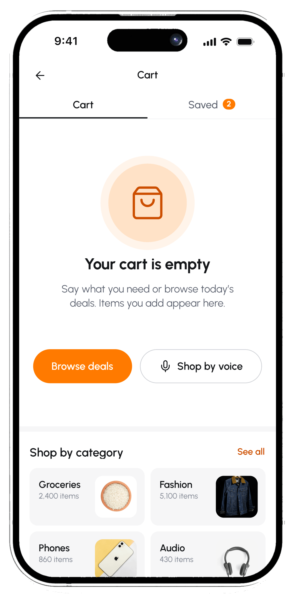 Empty cart screen with Browse deals and Shop by voice actions