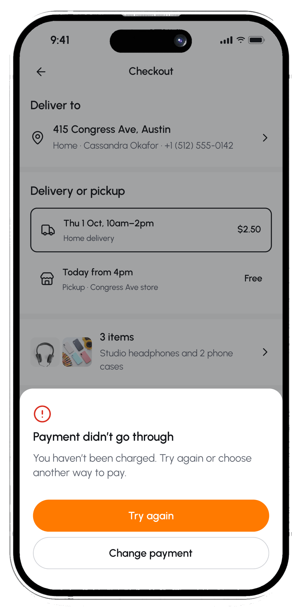 Checkout with a payment failed message offering Try again or Change payment