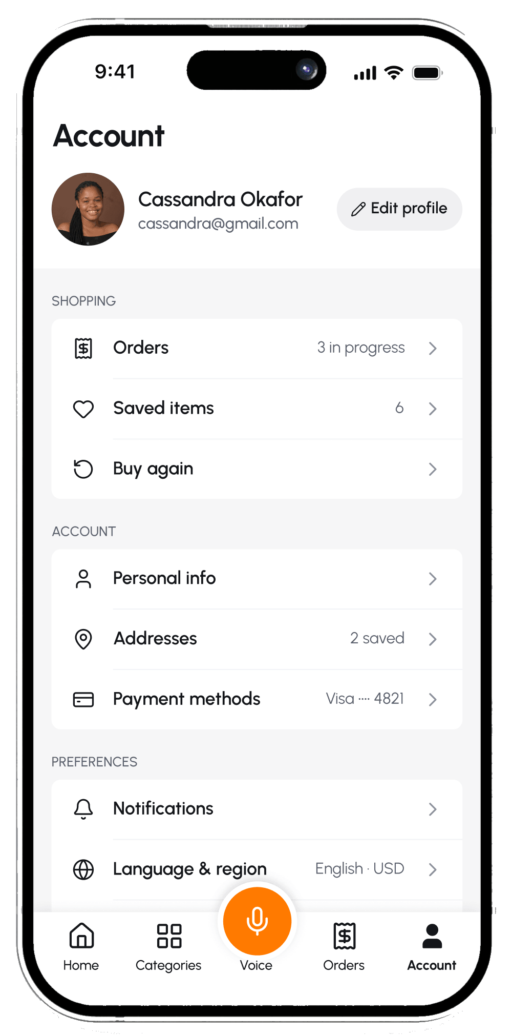 Account screen with orders, addresses and payment grouped