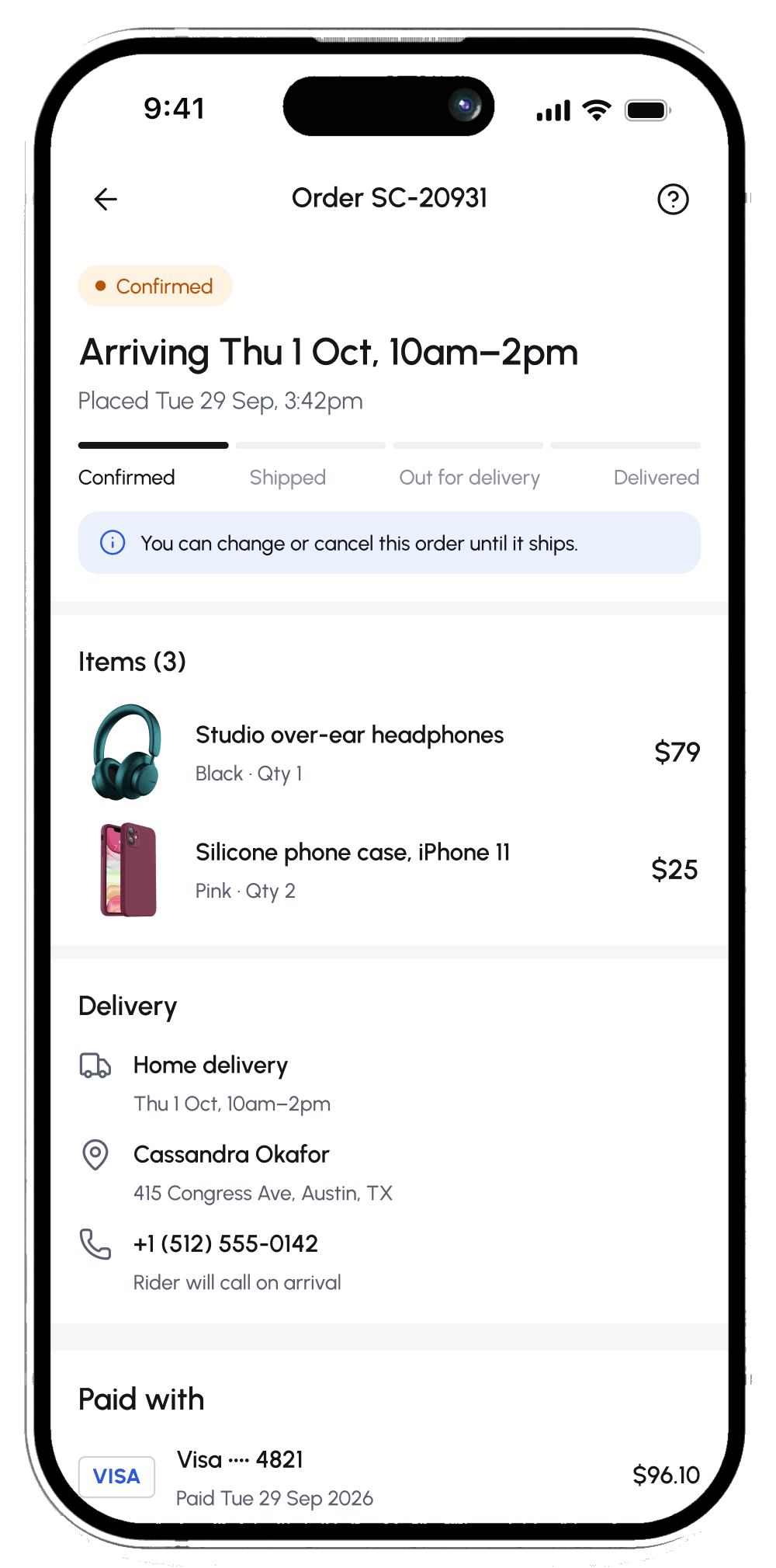 Order details screen with items, delivery and payment